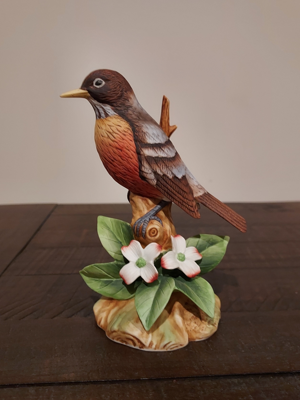 Decorative Ceramic Brown Bird Figurine with Green Leaves and White Flowers
